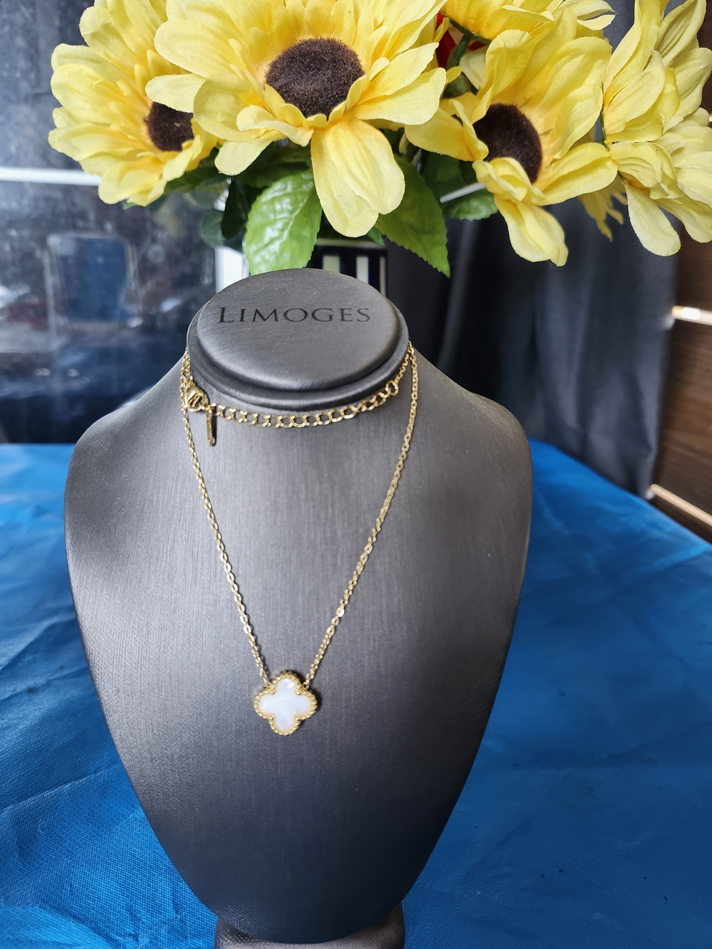 Limoges Gold Plated Necklace with White Clover Pendant and Chain Accent